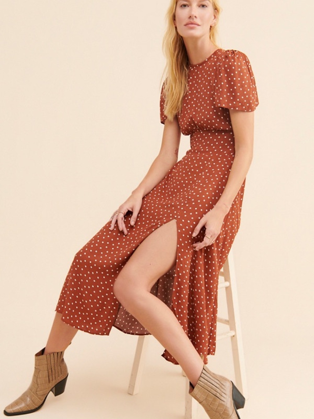 AFRM Jamie Rust Polka Dot Midi Dress with Short Puff Sleeves Size Medium